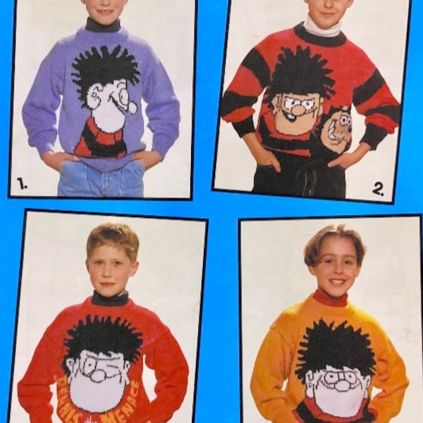 Dennis the Menace knitting book for child and adult size sweaters, jumpers. Double Knit 24-40 inch. 4 designs. BEANO. Vintage PDF download.