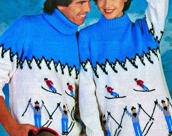 May include: A knitting pattern for a blue and white ski sweater with a mountain design and skiers. The pattern is called "Double Double" and is designed to fit sizes 32 to 46.