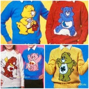 子供用と大人用のサイズの編めるケアベア セーター。4 本撚り糸で 5 種類のデザイン。スキー。1980 年代のオリジナル パターン。ビンテージ ダウンロード。