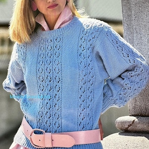 Women’s pretty sweater to knit using DOUBLE KNITTING yarn. Sizes 32-40 inch. Five sizes. Instant download knit pattern