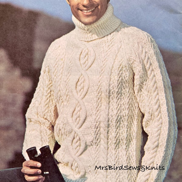 Man’s Classic Aran sweater jumper with roll neck to knit in sizes 38-42 inches. Polo neck. Vintage Instant Download knitting pattern.