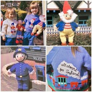 Noddy toys, sweaters & cardigan knitting book. DOUBLE KNITTING yarn 22-26 inch. Vintage Instant download.  Toyland, Noddy, Big Ears dolls.
