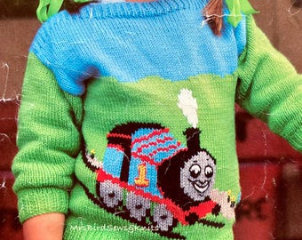 ENGLISCH nur Thomas die kleine Lokomotive Strickmuster: Kinderpullover (Größen 52-72 cm) (Instant Download)
