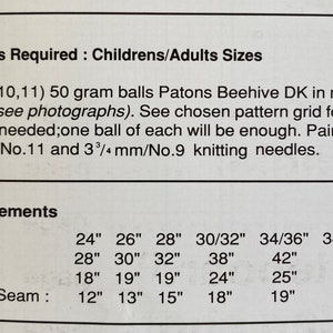K&ouml;nnte beinhalten: Eine gedruckte Seite mit Strickanleitungen, einschlie&szlig;lich Ma&szlig;en f&uuml;r Brust, L&auml;nge und &Auml;rmelnaht in Zoll. Der Text gibt die ben&ouml;tigten Materialien an, darunter 50-Gramm-Kn&auml;uel Patons Beehive DK-Garn und Stricknadeln.