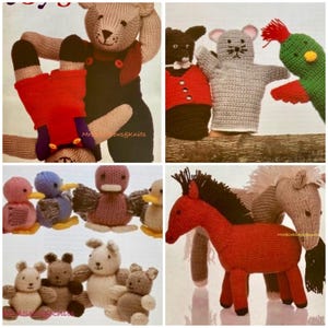 May include: A collection of knitted animal toys, including a teddy bear, a mouse puppet, a bird, a horse, and a bunny. The toys are all made with different colored yarn and have various facial expressions.