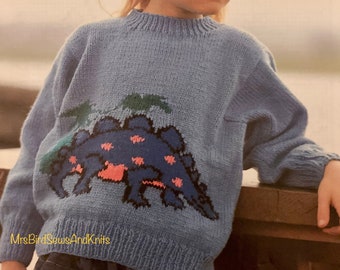 Dinosaurs Double Knit sweater in sizes 24-34inch. Vintage PDF download knitting pattern