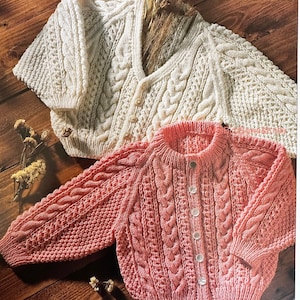 Cardigans with cable pattern to knit using Double Knitting yarn. Sizes 16-23 inch. V or round neck.  Instant download knitting pattern.