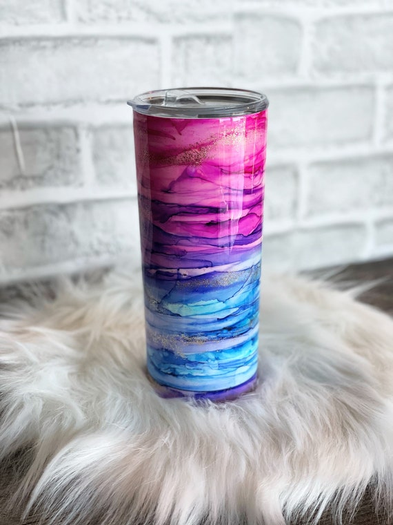 Hand-painted Watercolor Tumbler, Blue/Pink/Purple, Gift for Her,  Colorful Travel Cup