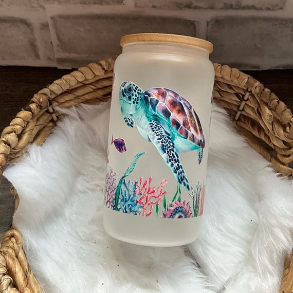 Sea Turtle Glass Can Tumbler, Ocean Inspired Tumbler, Beach Vibes, Sea Life Glass, Coastal Decor, Marine Gift, Gift For Ocean Lover