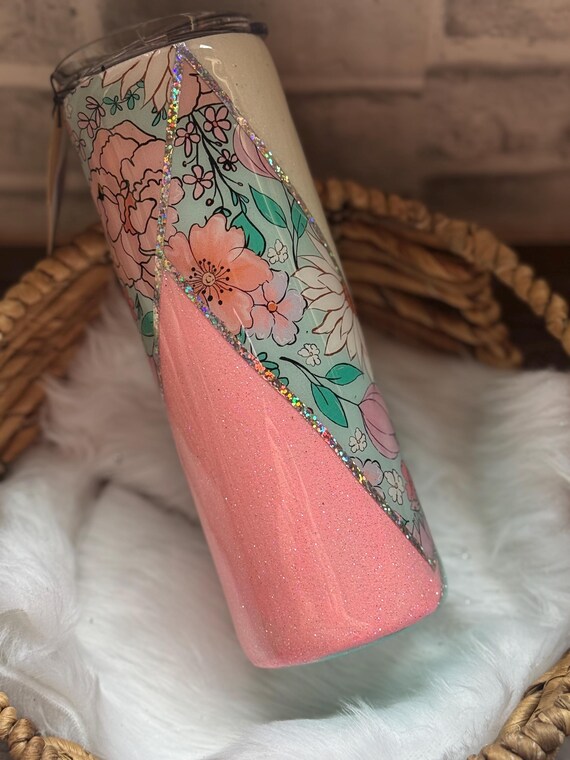 Floral Split Tumbler, Pink Blue White, Flower Design Cup, Unique Gift, Gift For Her, Floral Tumbler