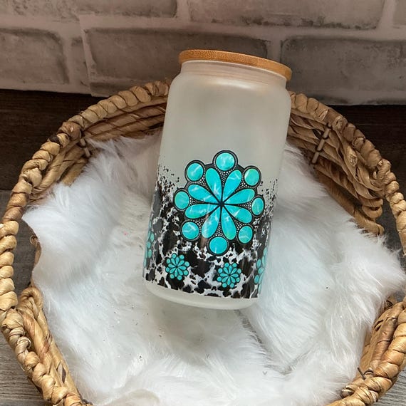 Turquoise Floral Glass Can Tumbler, Botanical Drinkware, Nature-Inspired Tumbler, Gift for Her, Eco-Friendly Drink Tumbler