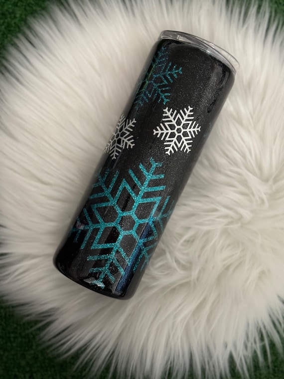 Black/Blue Snowflake Tumbler, Winter Tumbler, Stainless Steel Travel Mug, Gift For Her, Christmas Tumbler