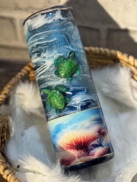 Ocean Theme Cup, 3D Turtle Beach Tumbler, Drinkware, Turtle Lover Gift, Beach Lover Gift