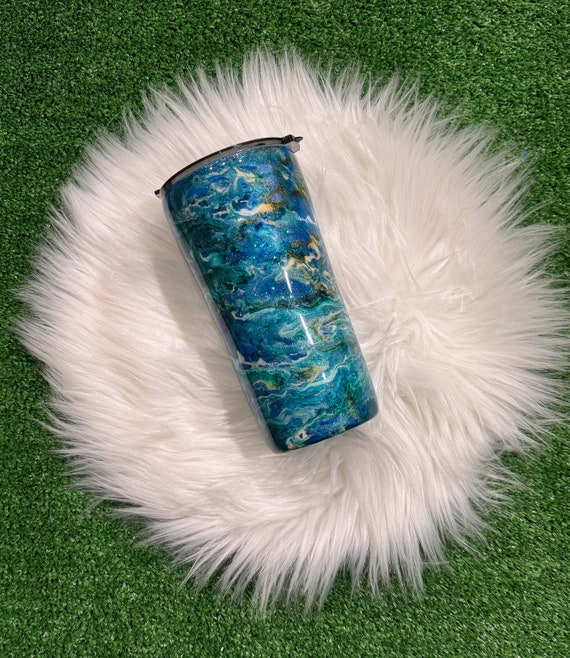 Blue White Turquoise Gold Swirl Tumbler, Handcrafted Tumbler, Unique Drinkware, Artistic Cup