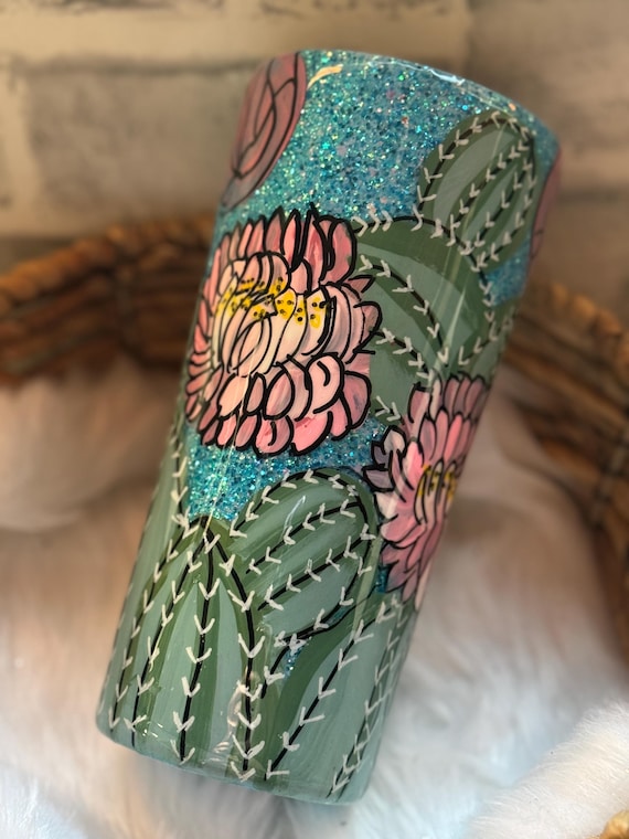 Hand Painted Floral Cactus Glitter Tumbler, Personalized Cup, Custom Drinkware, Flower Lover Gift, Glitzy Beverage Holder