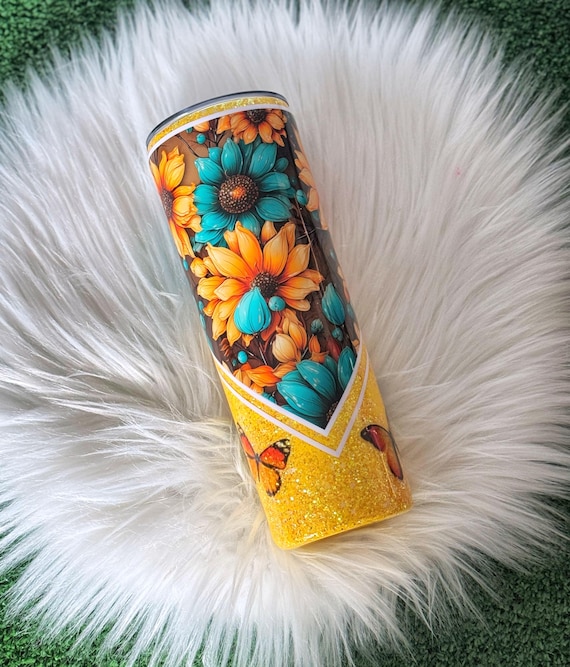 Floral Glitter Tumbler, Floral Travel Cup, Gift For Her, Sparkly Tumbler, Summer Drinkware