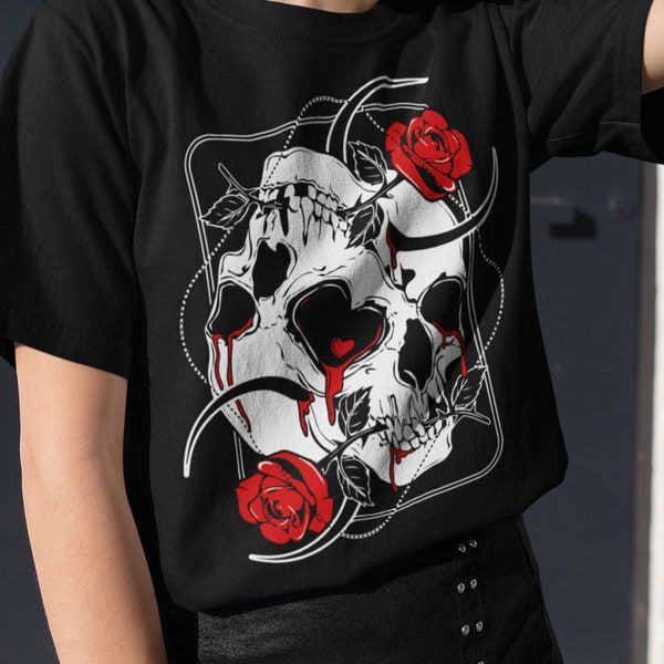 Skull Roses Goth Shirt, Grunge Clothing, Japanese Aesthetic T-shirt, Alternative Gothic Clothes, Japan Streetwear, Tumblr Clothes, E-girl