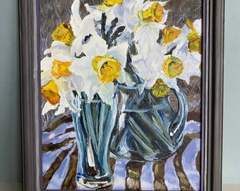 Oil painting Painting still life Floral painting Daffodils vase Painting canvas stretcher White flowers Striped tablecloth Author/'s work