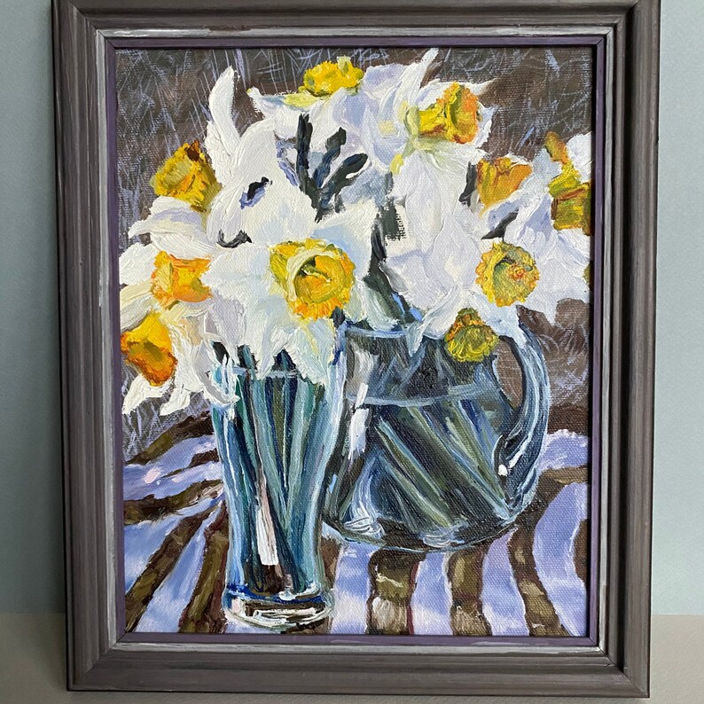 Oil painting Painting still life Floral painting Daffodils vase Painting canvas stretcher White flowers Striped tablecloth Author/'s work