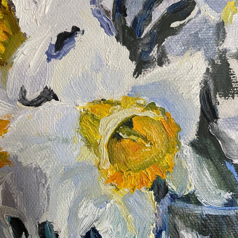 Oil painting Painting still life Floral painting Daffodils vase Painting canvas stretcher White flowers Striped tablecloth Author/'s work