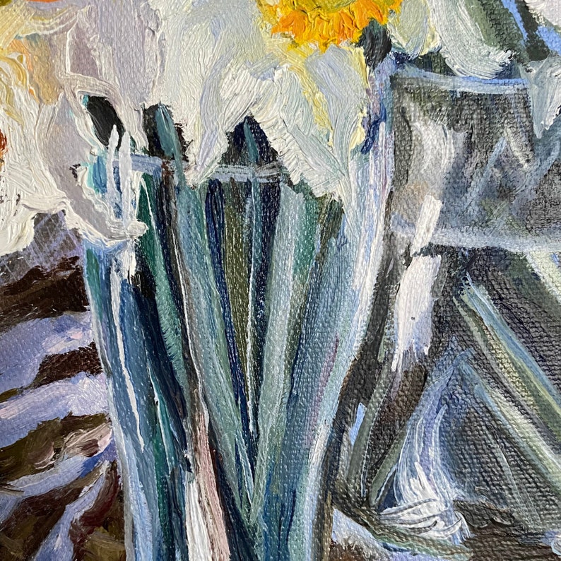 Oil painting Painting still life Floral painting Daffodils vase Painting canvas stretcher White flowers Striped tablecloth Author/'s work