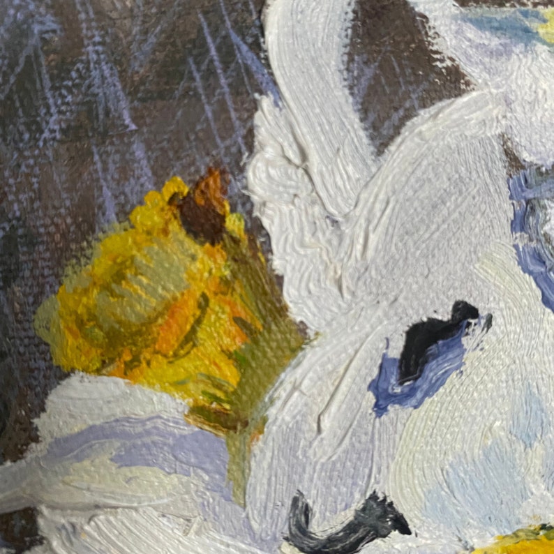 Oil painting Painting still life Floral painting Daffodils vase Painting canvas stretcher White flowers Striped tablecloth Author/'s work