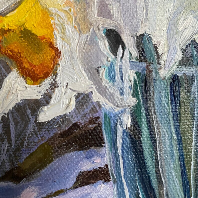 Oil painting Painting still life Floral painting Daffodils vase Painting canvas stretcher White flowers Striped tablecloth Author/'s work