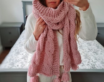 Pink Wool Scarf with Tassels for Women// Daughter gift, Knit cable scarf, Soft wool scarf