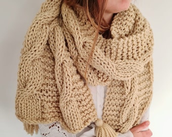 Chunky Knitted Scarf with Tassels, Hand knit neck warmer, Big cables shawl, Cozy gift for women