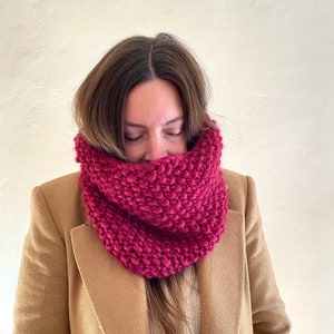 May include: A woman wearing a brown coat with a deep red knitted cowl neck scarf.