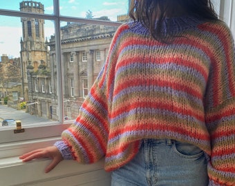 Hand Knitted Mohair Sweater with Balloon Sleeves, Oversize Jumper, Gift for Her, Hand Knit Striped Sweater, Mohair Jumper, Pullover Sweater