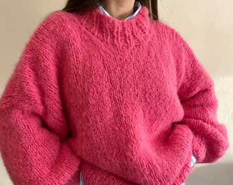 Fuchsia Pink Alpaka-Pullover mit übergroßen Ärmeln, Handgestrickter bequemer Pullover, Weicher Alpaka-Wollpullover, Maßgeschneiderter Pullover
