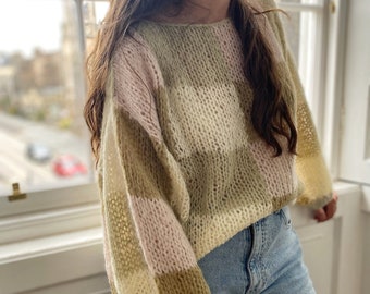 Handgestrickter Patchwork-Pullover, Mohair-Pullover mit Ballonärmeln, Kleidung im Boho-Stil, süßes Geschenk