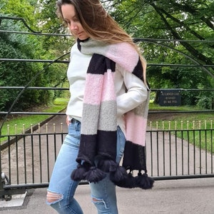 Giant Boho Wrap with Tassels, Soft striped mohair shawl, Colourful knitted scarf, Cosy Gift