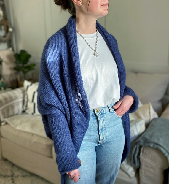 Marineblaue Alpaka Seide Strickjacke, Weiche Kokon Jacke, Warmes