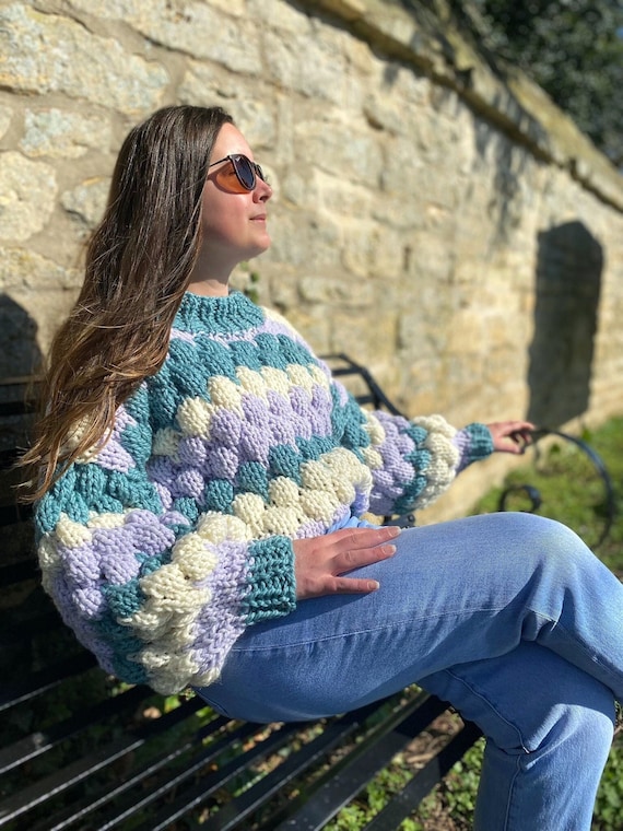 Chunky Wool Knit Sweater With Loose Fit, Colorful Hand Knitted