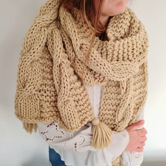 Chunky Knitted Scarf With Tassels Hand Knit Neck Warmer Big 