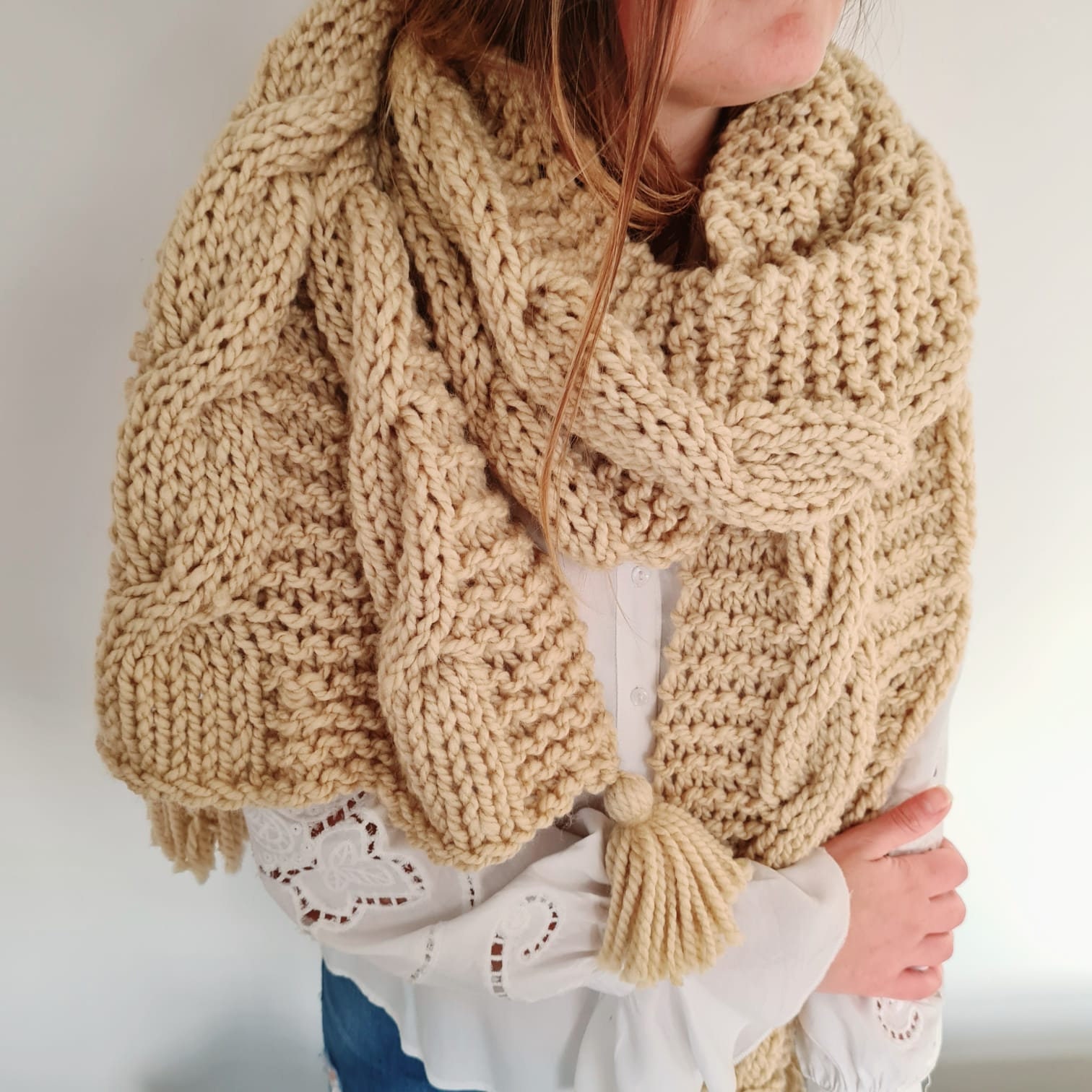 CozyLoopsbyGeorgina Chunky Knitted Scarf with Tassels, Hand Knit Neck Warmer, Big Cables Shawl, Cozy Gift for Women