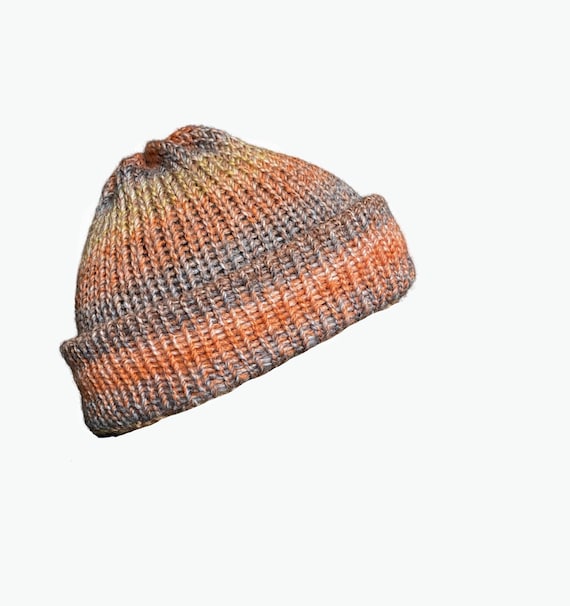 Fisherman Beanie Hat With Brim, Grey, Brown Orange Vegan Beanie