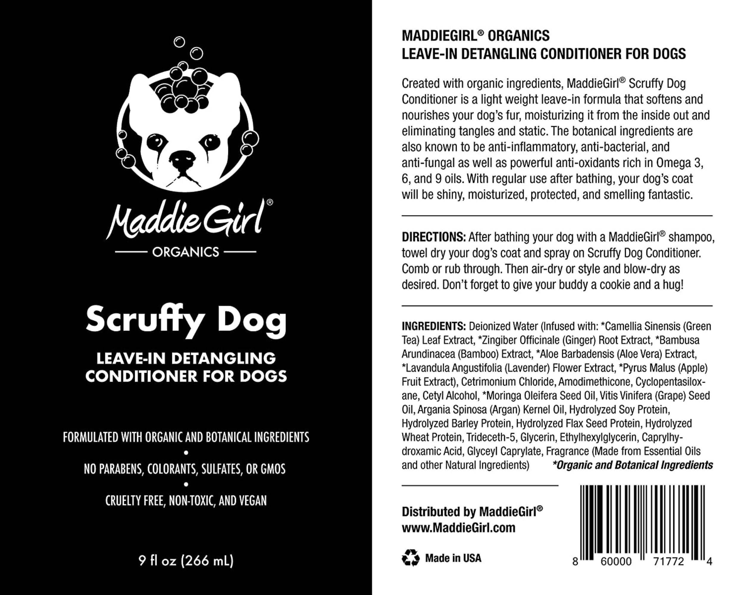 Scruffy Dog Leavein Conditioner Spray Hydrates Dry Skin & Fur Treatment Organic Vegan Nontoxic