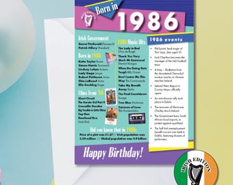 May include: A birthday card with an Irish theme, featuring the year 1986. The card lists Irish government figures, music hits, and events from 1986. The card also includes the text "Happy Birthday!" and an Irish harp logo.