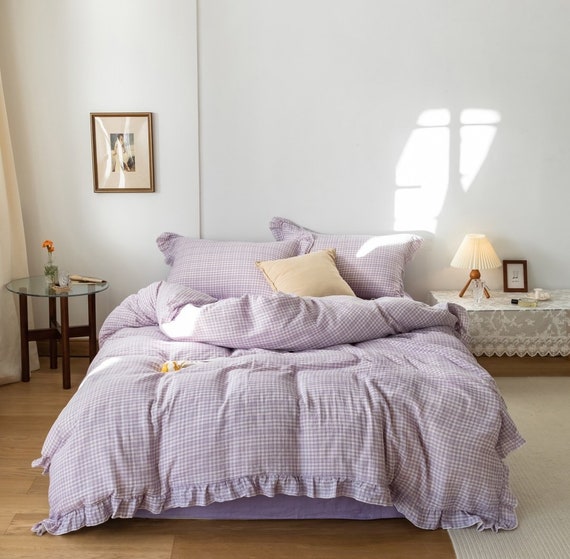 Purple Plaid Ruffle Bedding Set Purple 