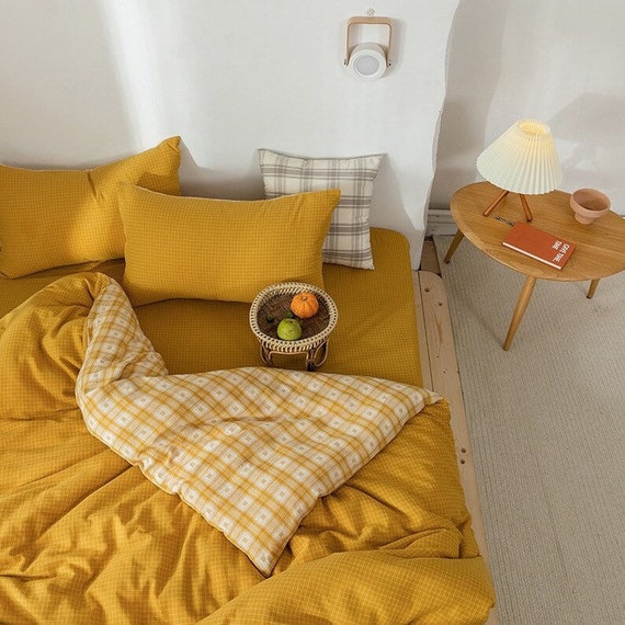 Mustard Yellow Bedding Set PLAID DOUBLE SIDED Queen Duvet Etsy