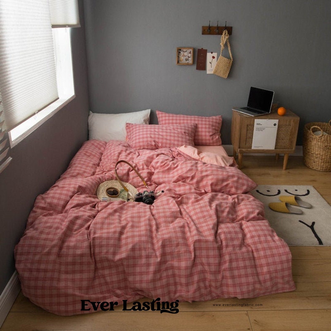 Ever Lasting Pink Plaid Bedding Set Pink Plaid Duvet Cover Etsy