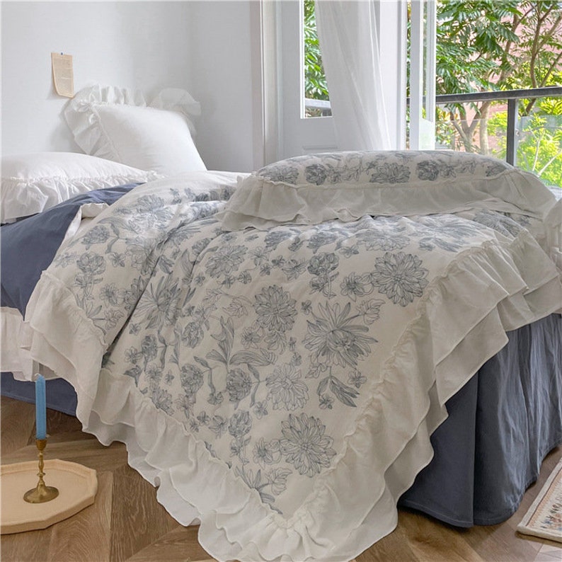 Ever Lasting Blue White Floral Bedding Set Ruffle Cottage Etsy