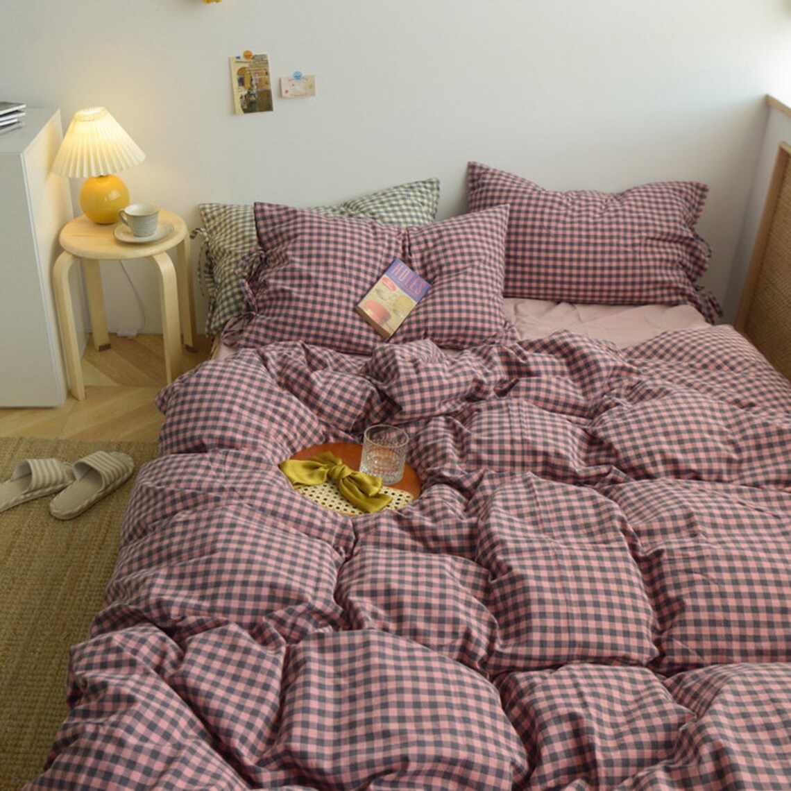 Ever Lasting Pink Checkered Gingham Bedding Set Pink Duvet Etsy