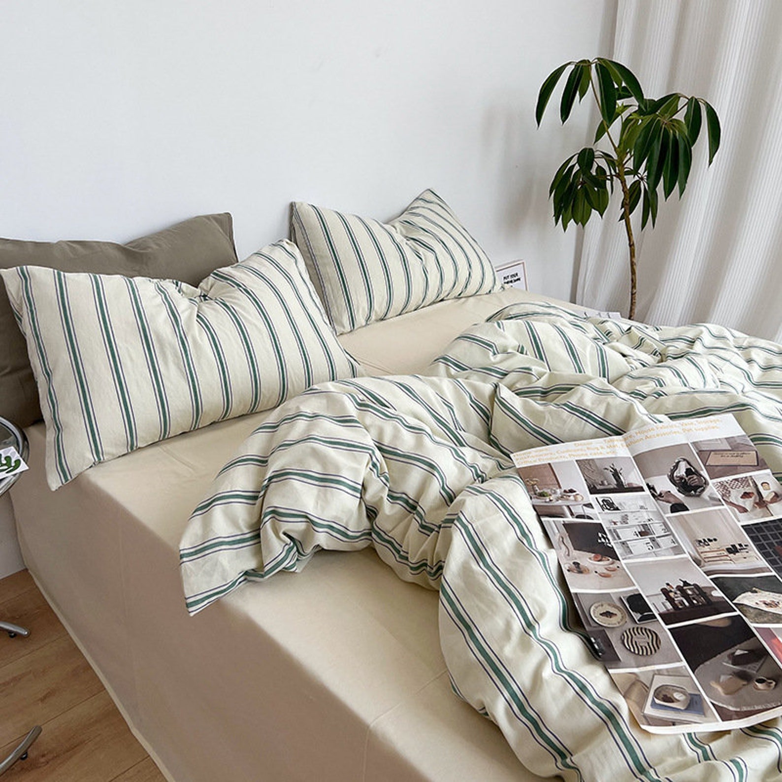 Ever Lasting Stripe Bedding Set Minimal Bedding Moss Green Etsy
