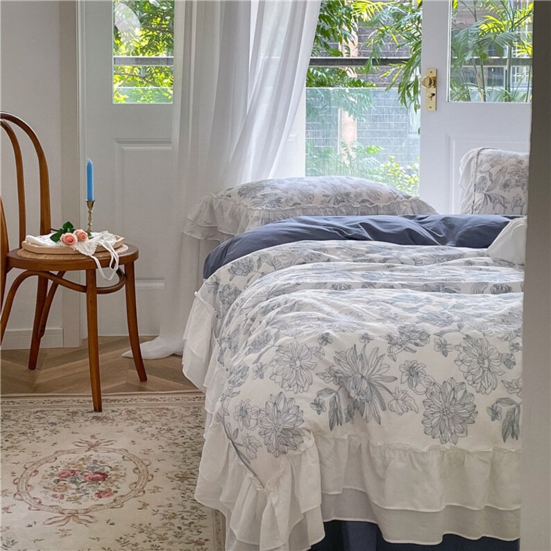 Ever Lasting Blue White Floral Bedding Set Ruffle Cottage - Etsy