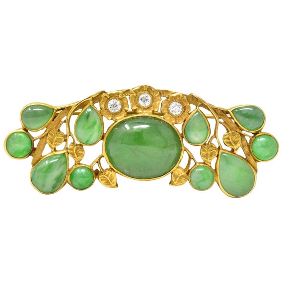 Art Nouveau Jade Diamond 18 Karat Gold Vined Flora