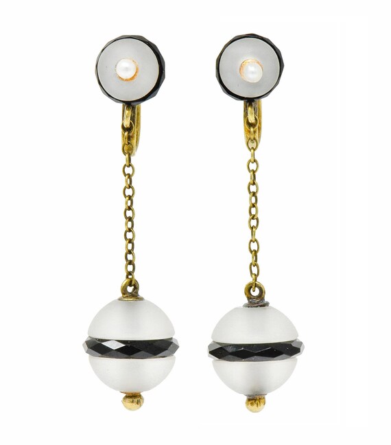 Art Nouveau Onyx Rock Crystal Pearl 14 Karat Gold